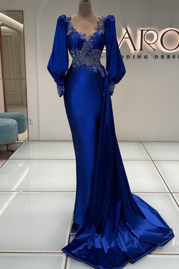 König Blaue Abendkleider Lang Mit Ärmel Ballkleider Glitzer