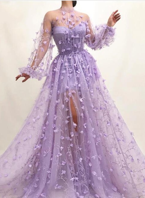 Elegante Abendkleider mit Ärmel | Lila Spitze Abendmoden Online-babyonlinedressde