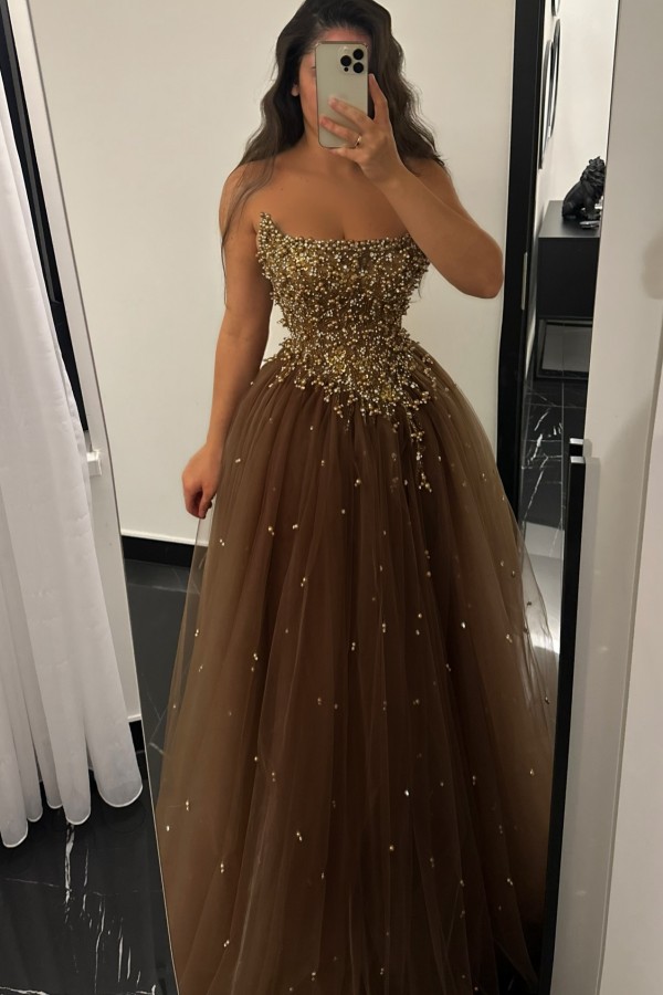 Elegante Abendkleider Lang Braun Tüll Ballkleider Glitzer