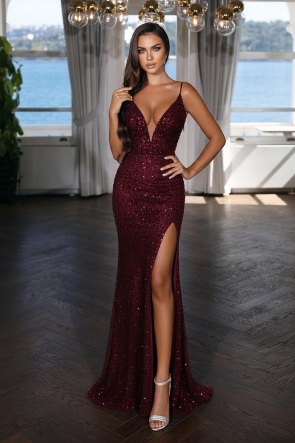 Sexy Abendkleid Lang Schwarz | Abiballkleid mit Glitzer