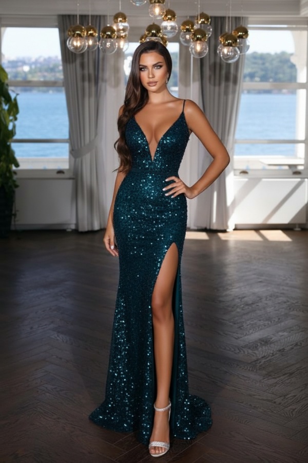 Sexy Abendkleid Lang Schwarz | Abiballkleid mit Glitzer