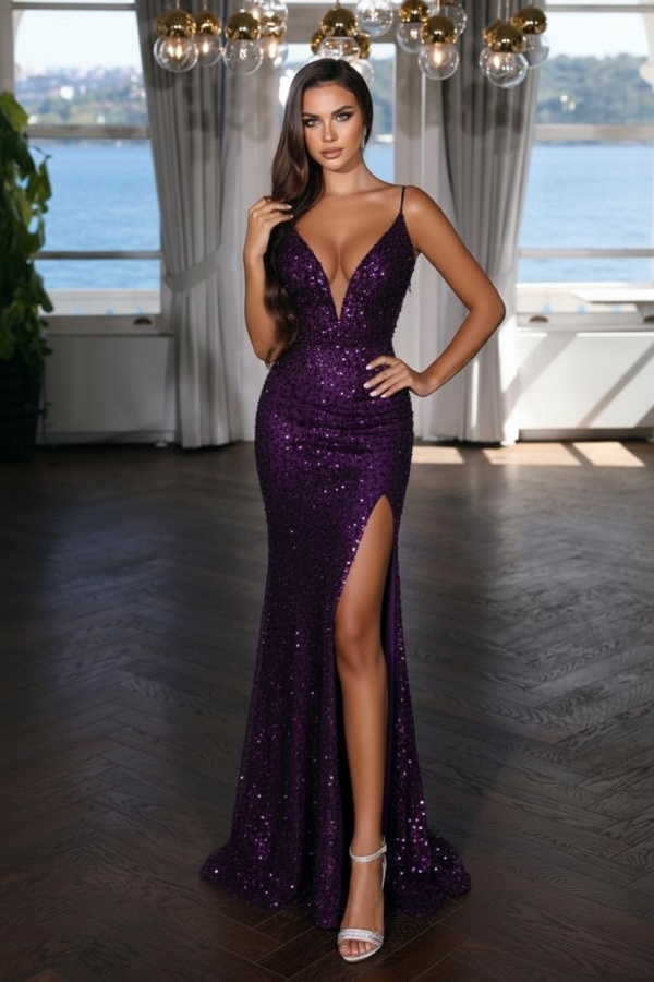 Sexy Abendkleid Lang Schwarz | Abiballkleid mit Glitzer