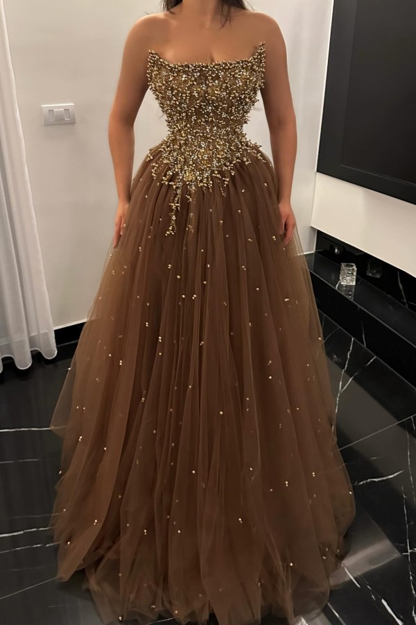 Elegante Abendkleider Lang Braun Tüll Ballkleider Glitzer