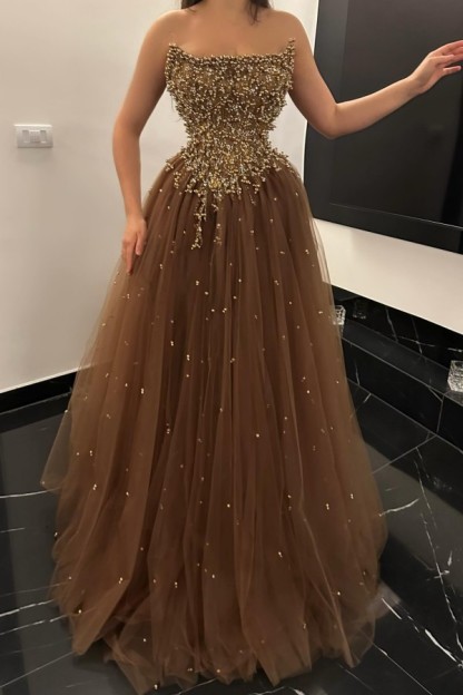 Elegante Abendkleider Lang Braun Tüll Ballkleider Glitzer
