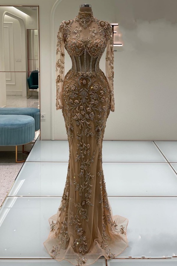 Golden Abendkleider Lang Spitze Ballkleider Mit Glitzer Günstig