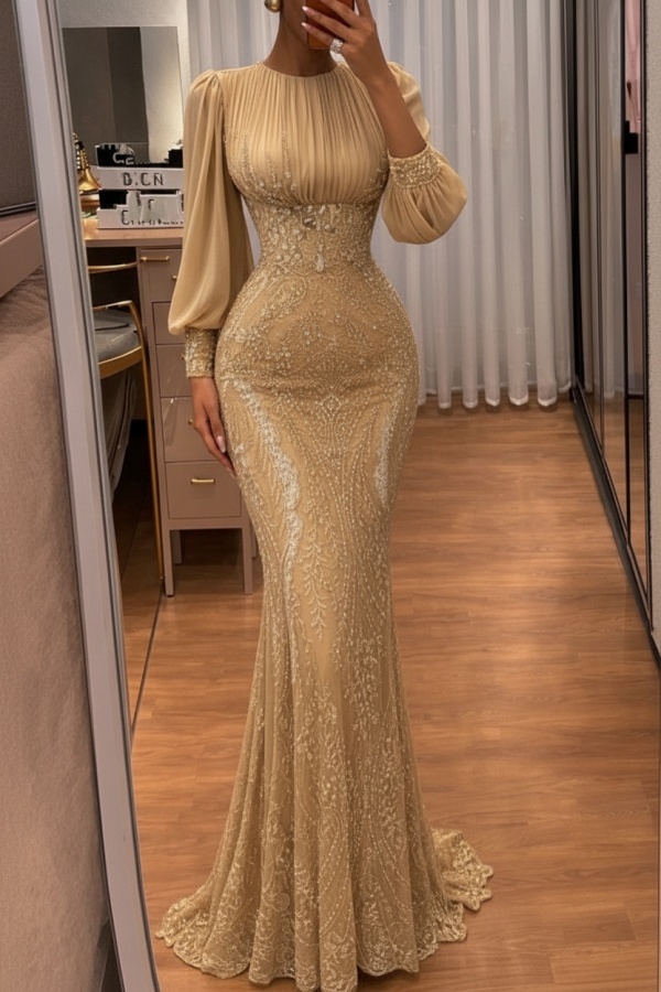 Dusty Grün Abendkleider Lang Glitzer Ballkleider Mit Ärmel