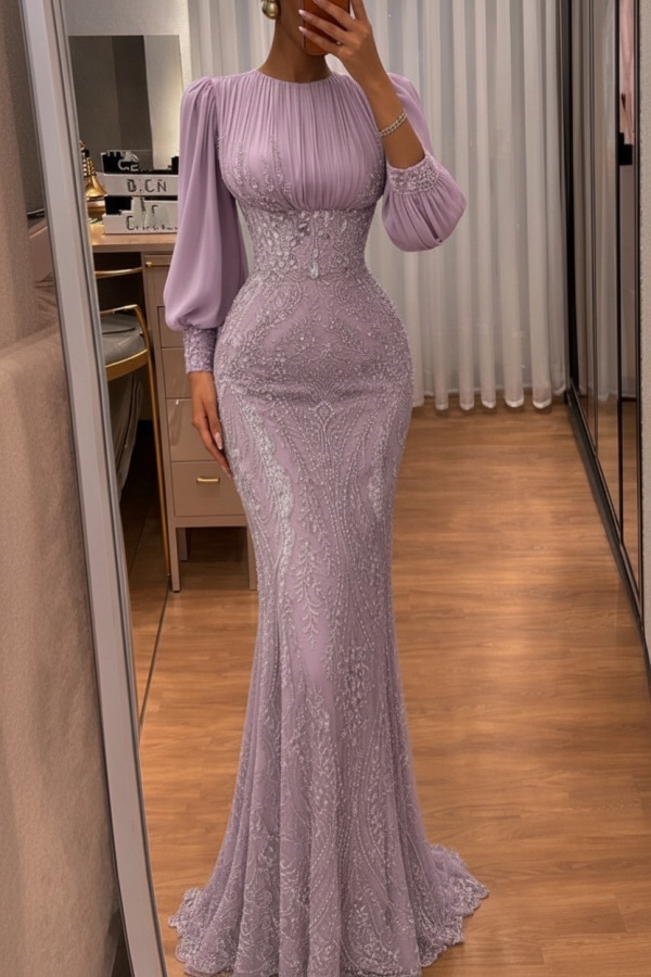 Dusty Grün Abendkleider Lang Glitzer Ballkleider Mit Ärmel