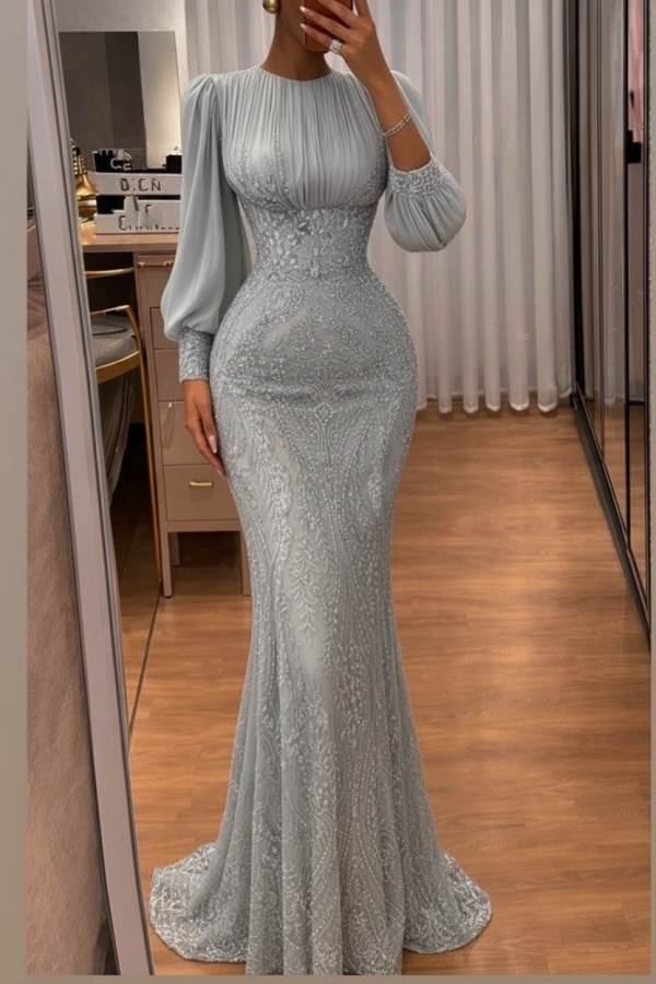 Dusty Grün Abendkleider Lang Glitzer Ballkleider Mit Ärmel