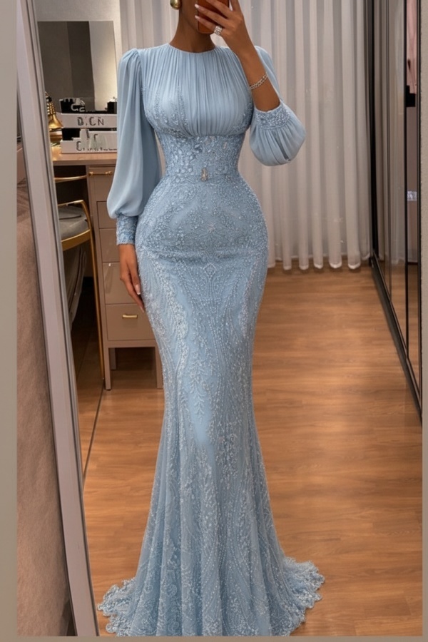 Dusty Grün Abendkleider Lang Glitzer Ballkleider Mit Ärmel