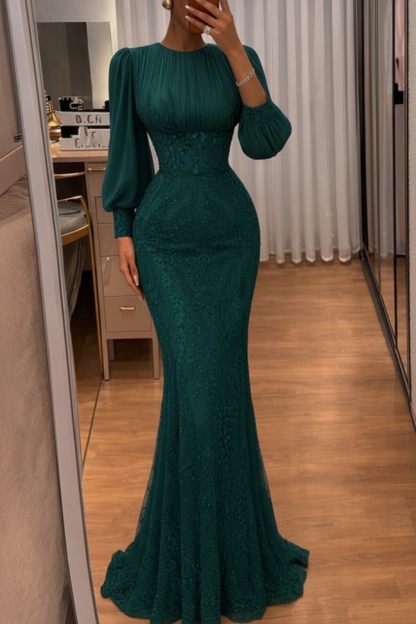 Dusty Grün Abendkleider Lang Glitzer Ballkleider Mit Ärmel