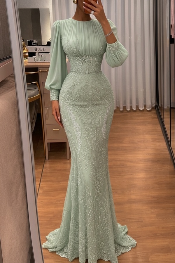 Dusty Grün Abendkleider Lang Glitzer Ballkleider Mit Ärmel