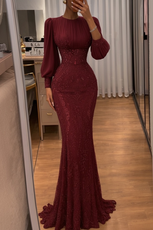Dusty Grün Abendkleider Lang Glitzer Ballkleider Mit Ärmel