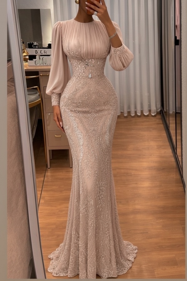 Dusty Grün Abendkleider Lang Glitzer Ballkleider Mit Ärmel