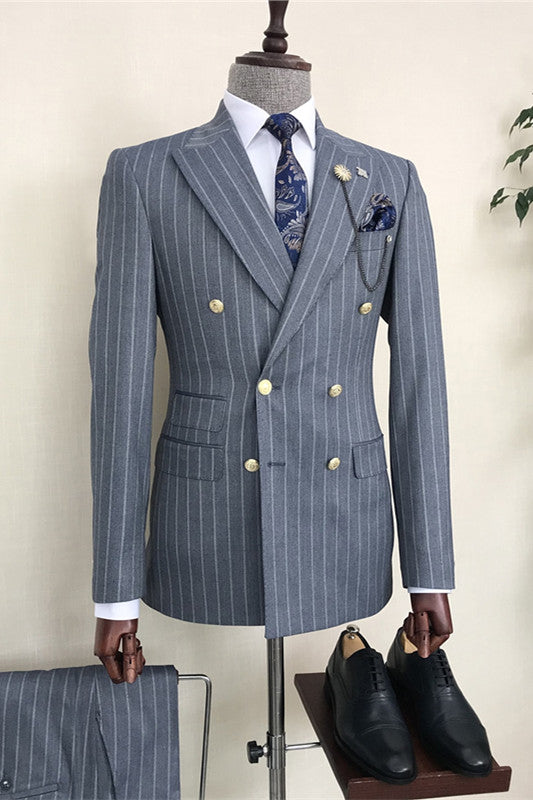 Archibald Fancy Navy Blue Double Breasted Peaked Lapel Business Suits For Men-babyonlinedressde