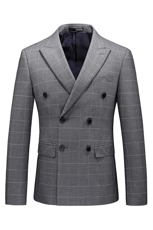 Keniey Formal Deep Gray Double Breasted Plaid Men Suits For Business-babyonlinedressde