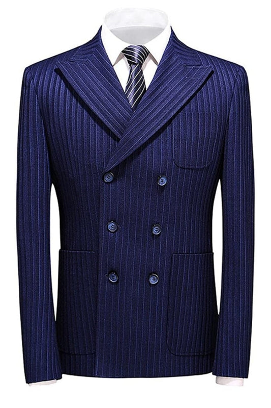 Ethan Chic Blue Double Breasted Peaked Lapel Striped Men Business Suits-babyonlinedressde