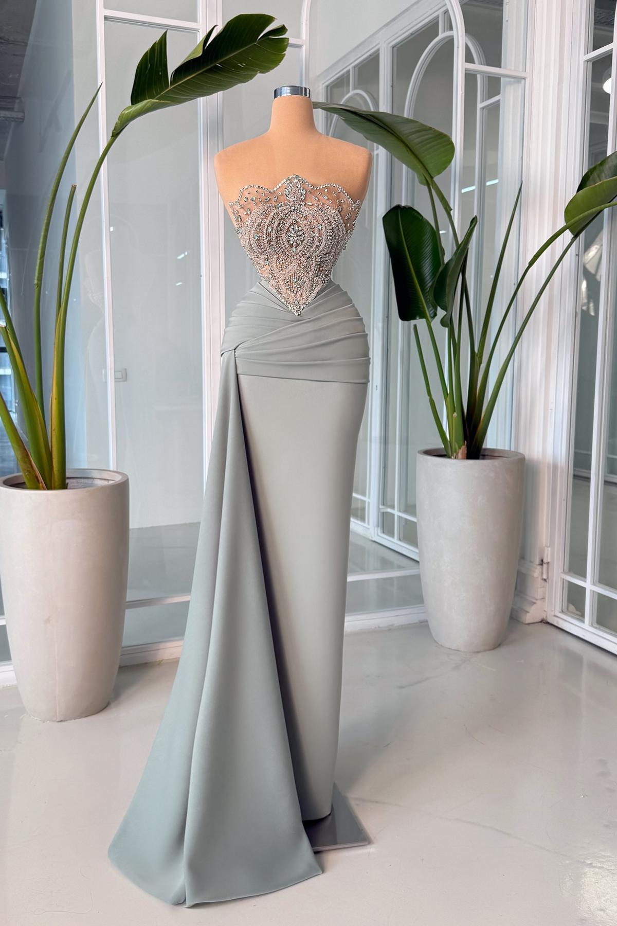 Silber Abendkleider Lang Glitzer Ballkleider mit Spitze