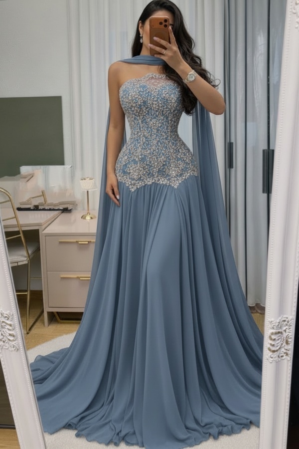 Himmel Blau Abendkleid Lang Mit Spitze Chiffon Ballkleid Günstig