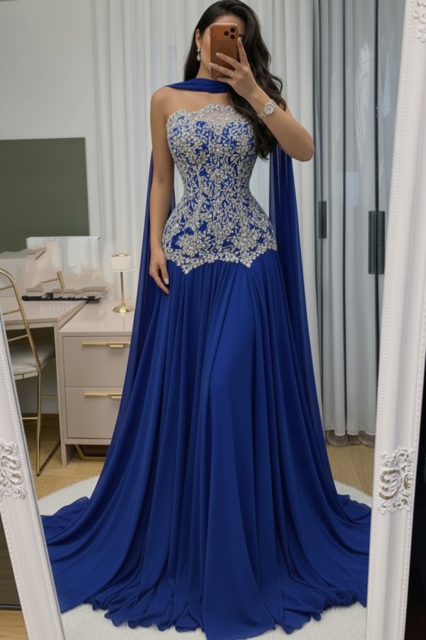 Himmel Blau Abendkleid Lang Mit Spitze Chiffon Ballkleid Günstig