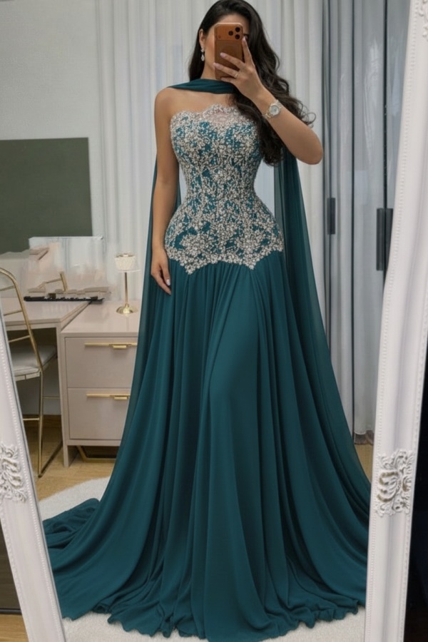 Himmel Blau Abendkleid Lang Mit Spitze Chiffon Ballkleid Günstig