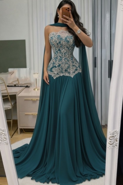 Himmel Blau Abendkleid Lang Mit Spitze Chiffon Ballkleid Günstig