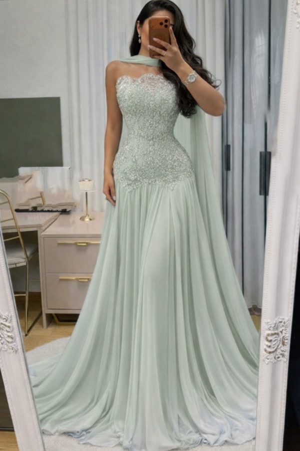 Himmel Blau Abendkleid Lang Mit Spitze Chiffon Ballkleid Günstig