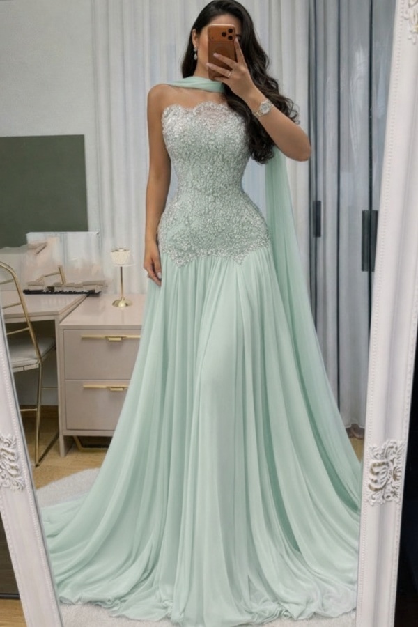 Himmel Blau Abendkleid Lang Mit Spitze Chiffon Ballkleid Günstig