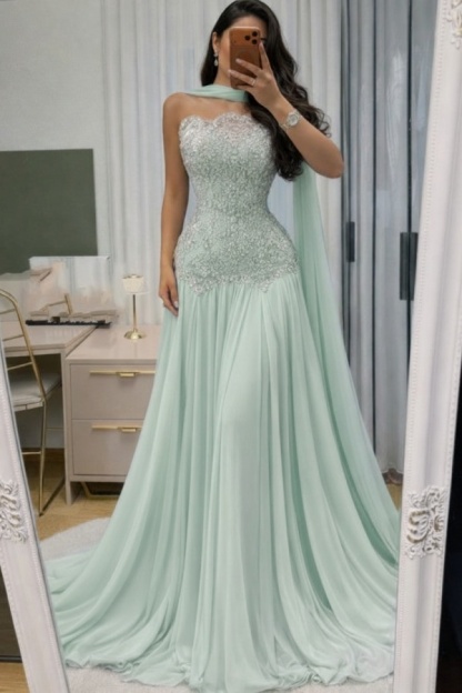 Himmel Blau Abendkleid Lang Mit Spitze Chiffon Ballkleid Günstig