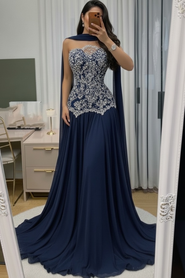 Himmel Blau Abendkleid Lang Mit Spitze Chiffon Ballkleid Günstig