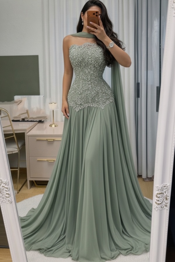 Himmel Blau Abendkleid Lang Mit Spitze Chiffon Ballkleid Günstig