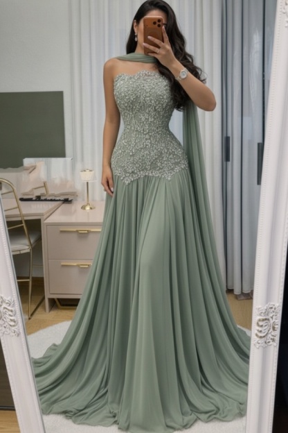 Himmel Blau Abendkleid Lang Mit Spitze Chiffon Ballkleid Günstig