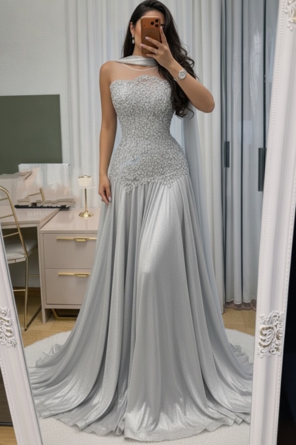 Himmel Blau Abendkleid Lang Mit Spitze Chiffon Ballkleid Günstig