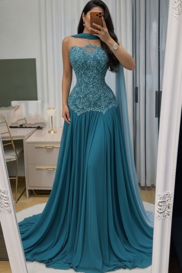 Himmel Blau Abendkleid Lang Mit Spitze Chiffon Ballkleid Günstig