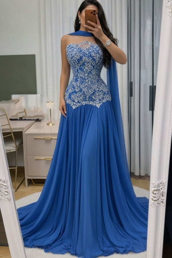 Himmel Blau Abendkleid Lang Mit Spitze Chiffon Ballkleid Günstig