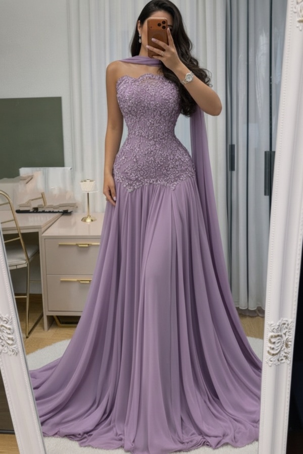 Himmel Blau Abendkleid Lang Mit Spitze Chiffon Ballkleid Günstig