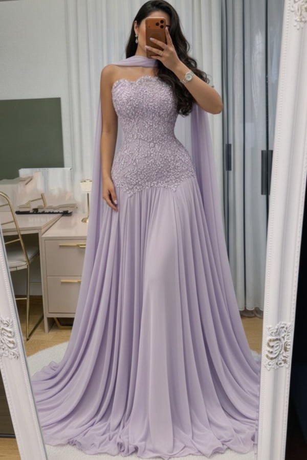 Himmel Blau Abendkleid Lang Mit Spitze Chiffon Ballkleid Günstig