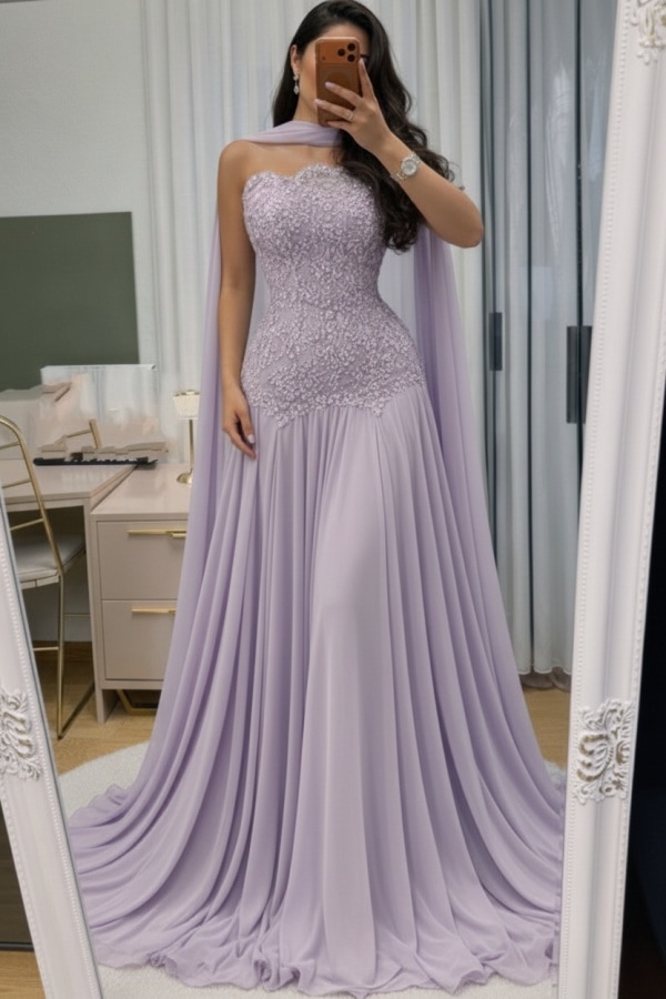 Himmel Blau Abendkleid Lang Mit Spitze Chiffon Ballkleid Günstig
