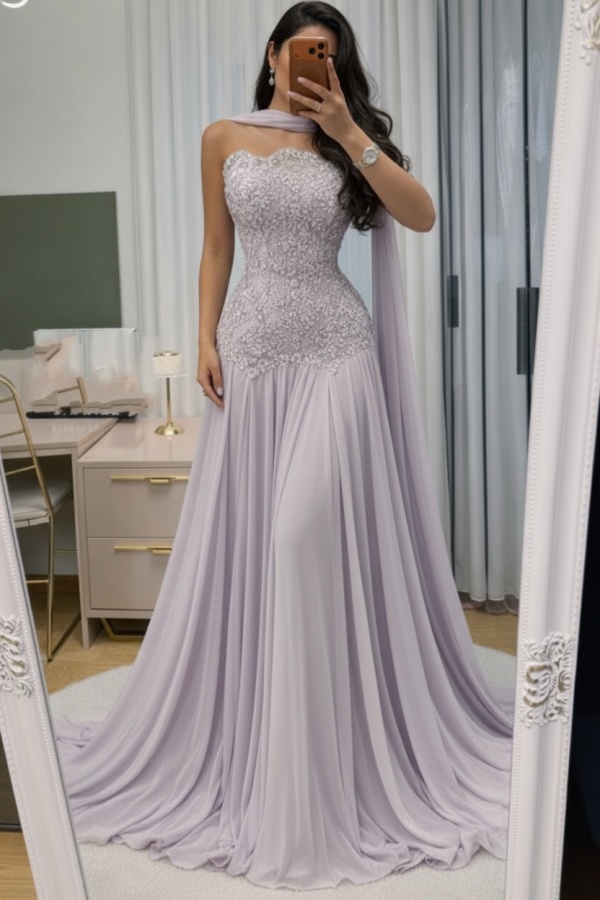 Himmel Blau Abendkleid Lang Mit Spitze Chiffon Ballkleid Günstig