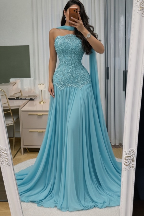 Himmel Blau Abendkleid Lang Mit Spitze Chiffon Ballkleid Günstig
