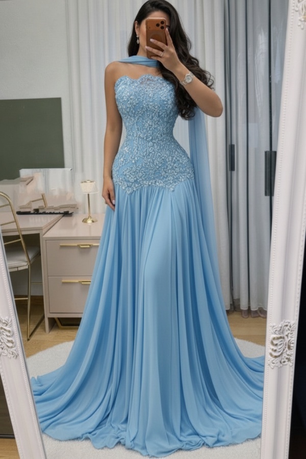 Himmel Blau Abendkleid Lang Mit Spitze Chiffon Ballkleid Günstig