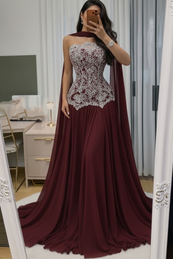 Himmel Blau Abendkleid Lang Mit Spitze Chiffon Ballkleid Günstig