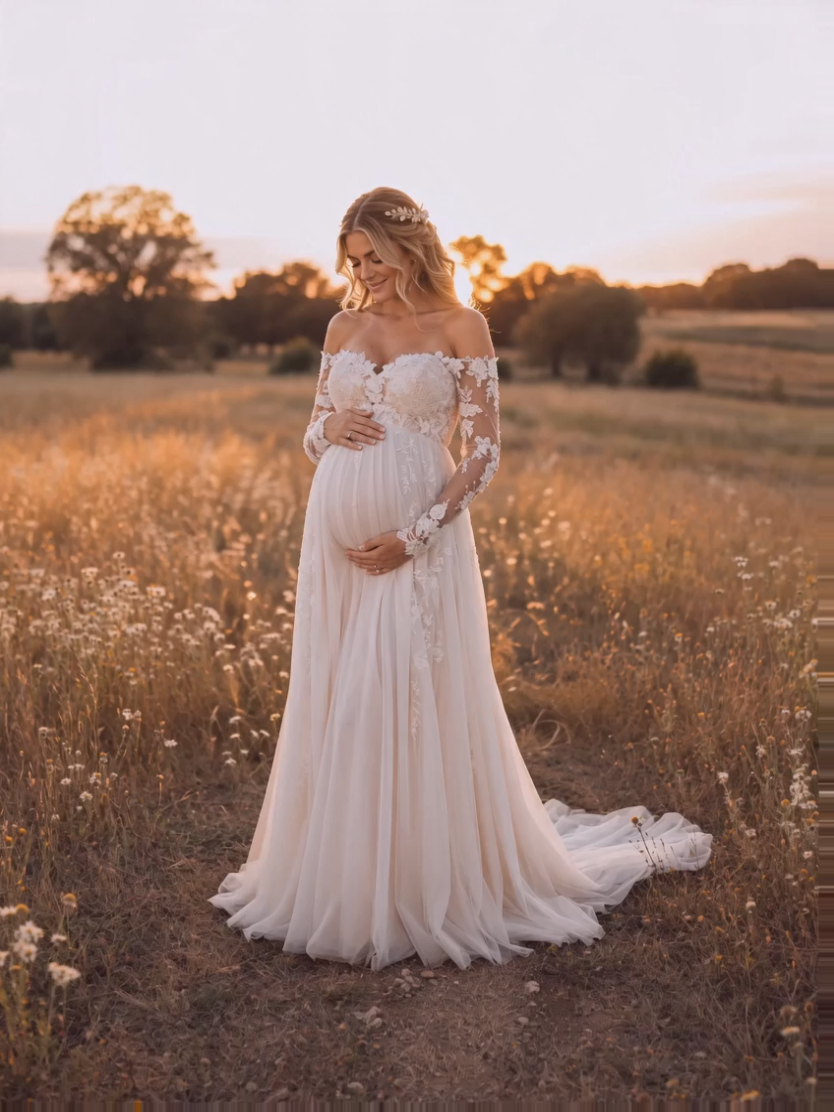 Boho Brautkleider A Linie Mit Spitze Schwangere Hochzeitskleider mit Ärmel