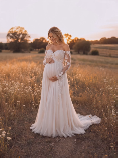 Boho Brautkleider A Linie Mit Spitze Schwangere Hochzeitskleider mit Ärmel