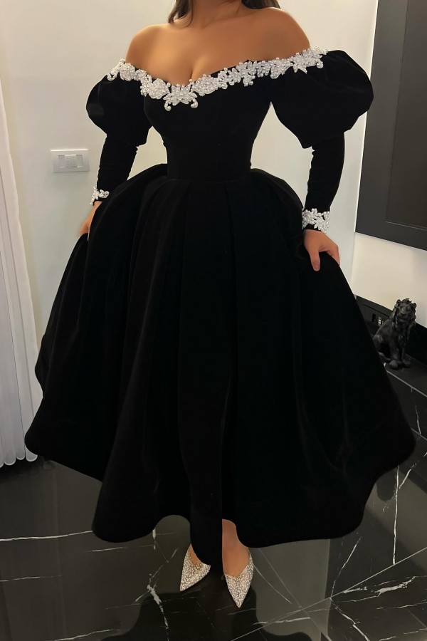 Schwarze Cocktailkleider Partykleider Kurz Ballkleider mit Ärmel