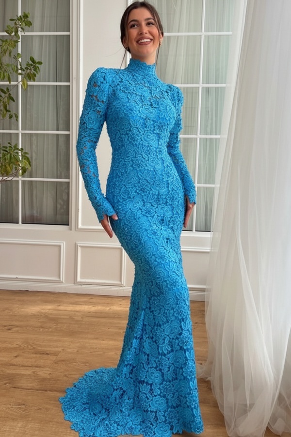 Designer Abendkleider Lang Weiß Spitze Ballkleider mit Ärmel