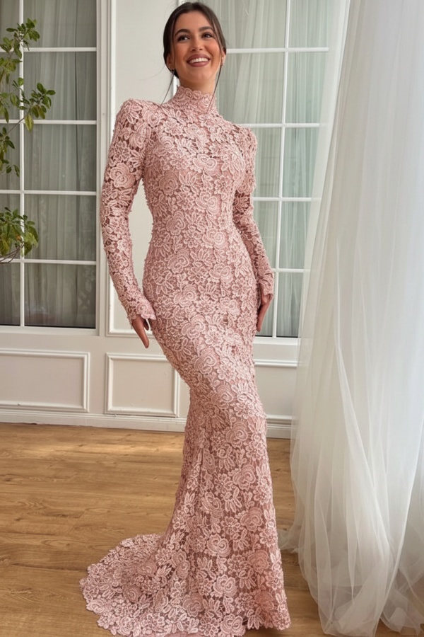 Designer Abendkleider Lang Weiß Spitze Ballkleider mit Ärmel