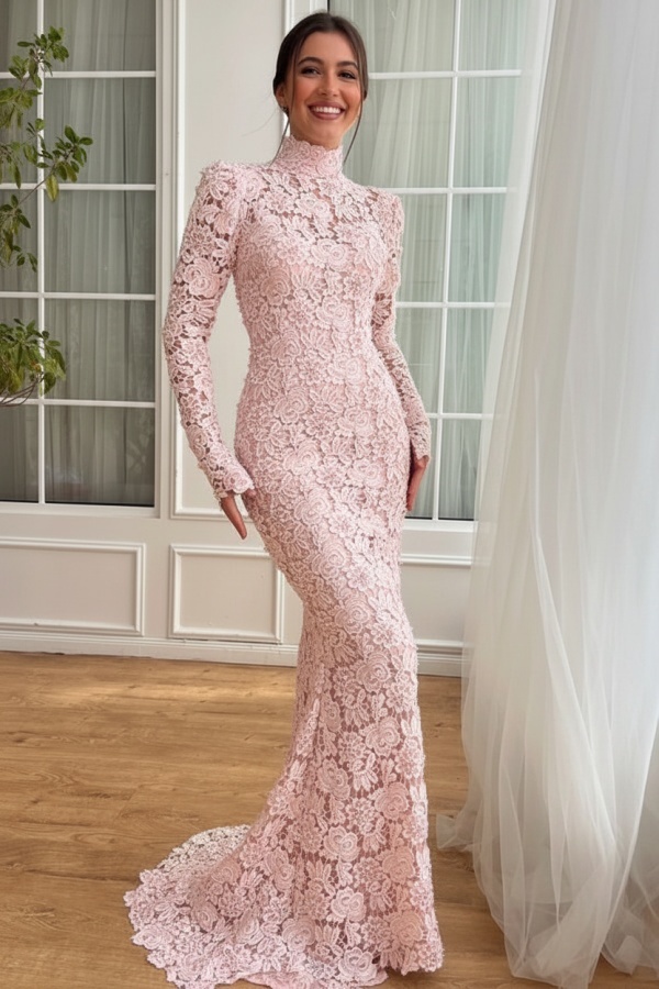 Designer Abendkleider Lang Weiß Spitze Ballkleider mit Ärmel