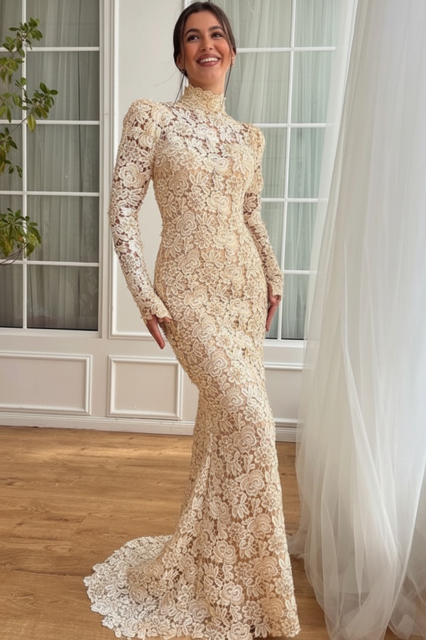 Designer Abendkleider Lang Weiß Spitze Ballkleider mit Ärmel