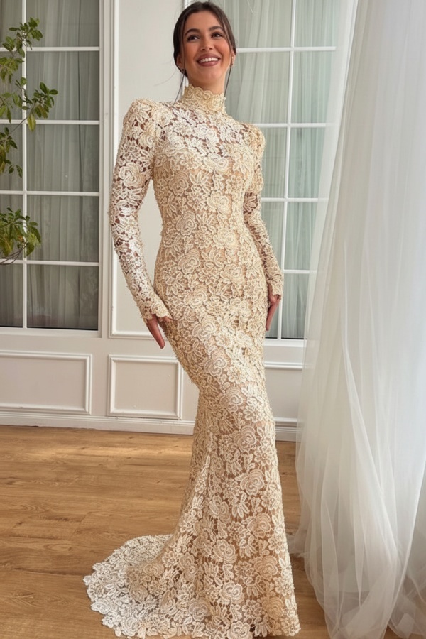 Designer Abendkleider Lang Weiß Spitze Ballkleider mit Ärmel