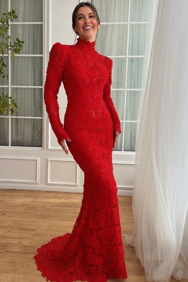 Designer Abendkleider Lang Weiß Spitze Ballkleider mit Ärmel